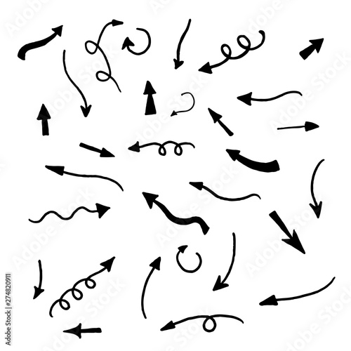The collection of hand drawn arrows. Arrows set on the white background. Vector EPS 10.