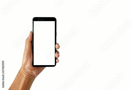 Man hand holding smartphone with white empty screen on isolated white background