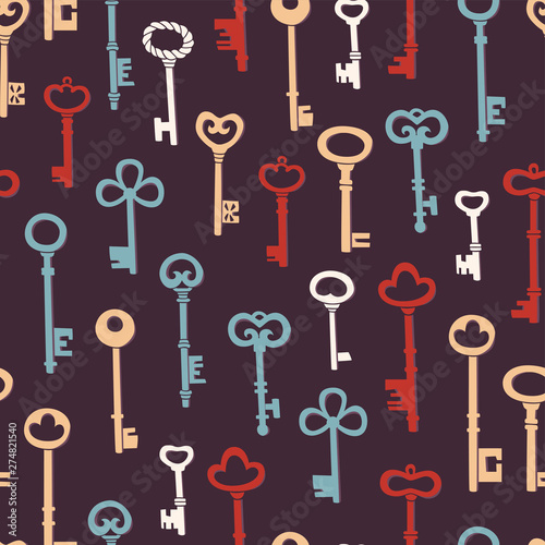 Vector Seamless Colorful Pattern with Retro Style Key on Black Background.