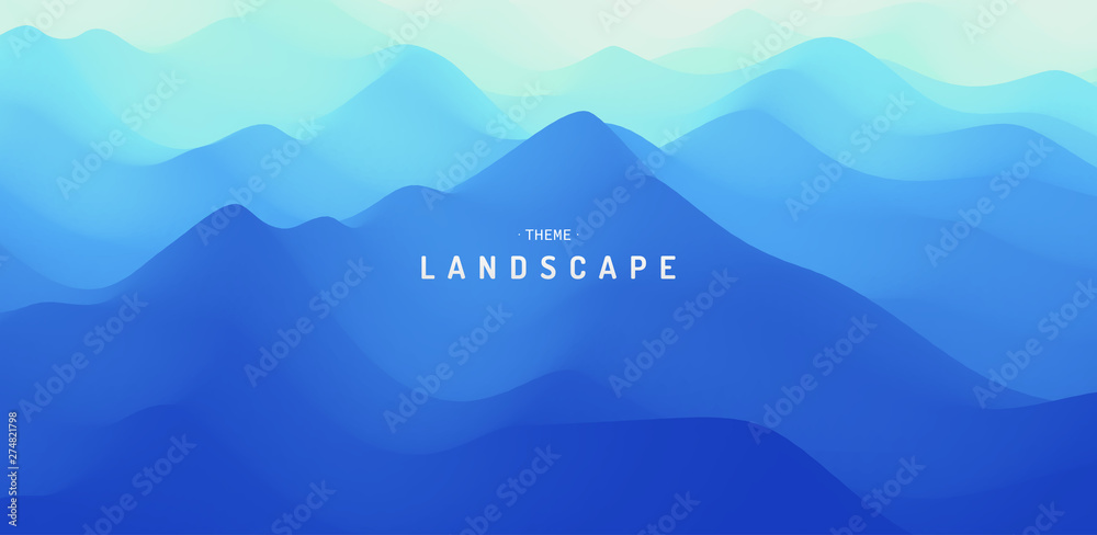 Landscape with mountains and fog. Mountainous terrain. Abstract background. Vector illustration. - obrazy, fototapety, plakaty 