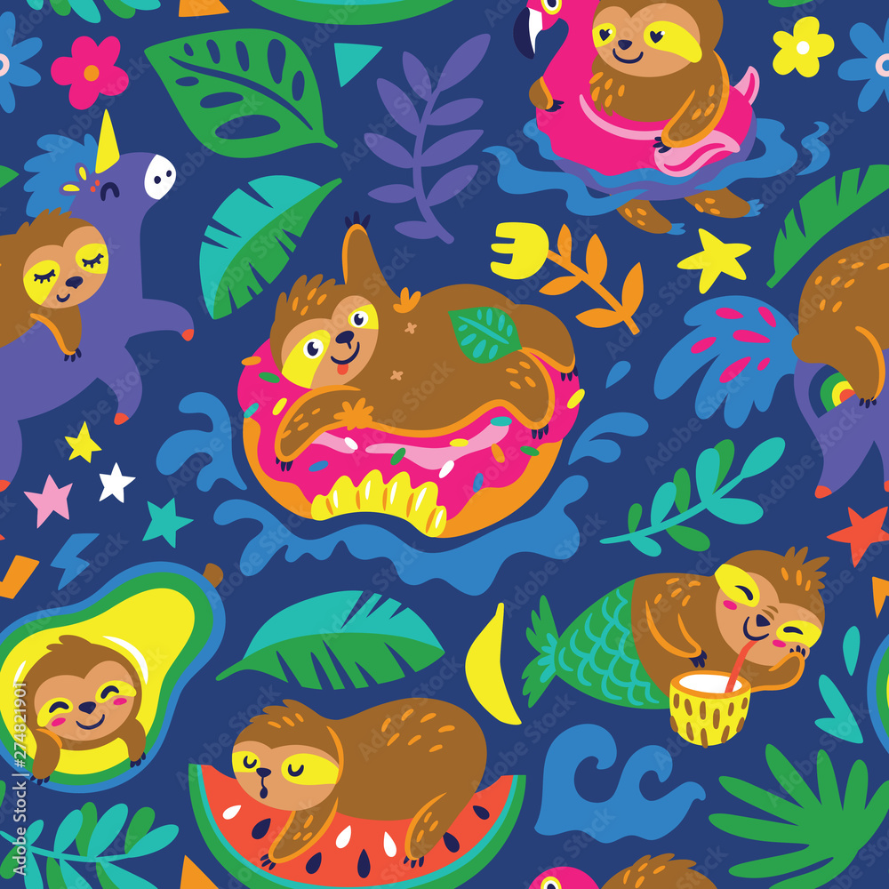Seamless pattern with cartoon sloths enjoy summer day in the water. Vector illustration Seamless pattern with cartoon sloths enjoy summer day in the water. Vector illustration