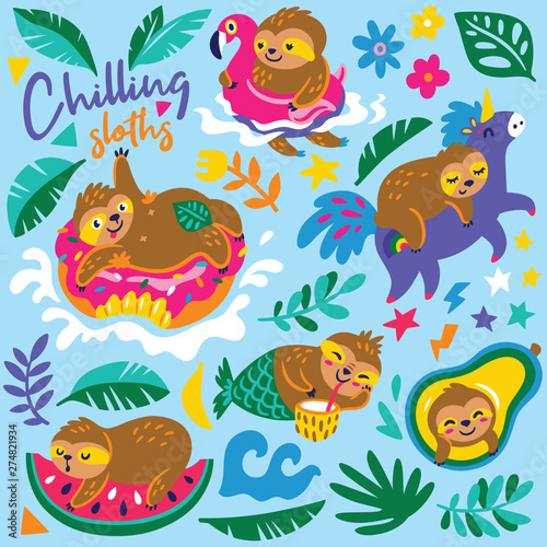 Vector cartoon set with sloths characters relax in summer holidays