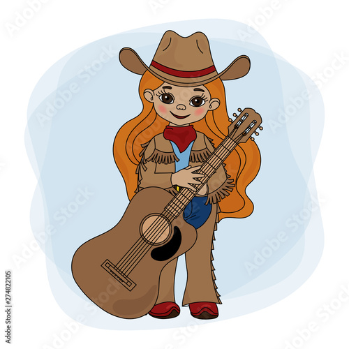 GUITAR PLAYER Cowgirl American Cowboy Western Music Festival Vector Illustration Set for Print Fabric and Decoration