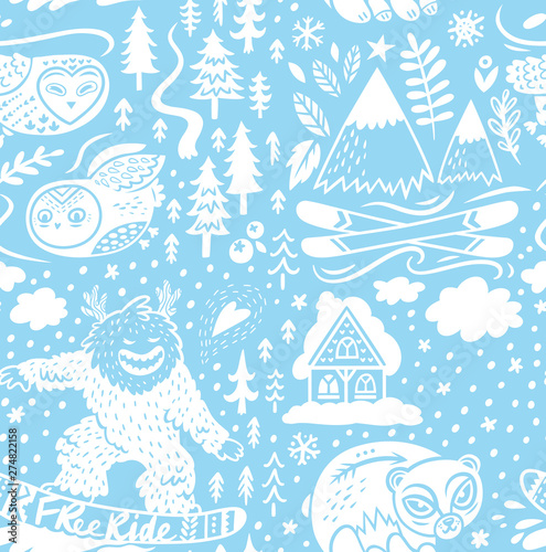 Fototapeta Naklejka Na Ścianę i Meble -  Snowy endless background of ski resort with chalet, mountains and forest animals. Vector illustration