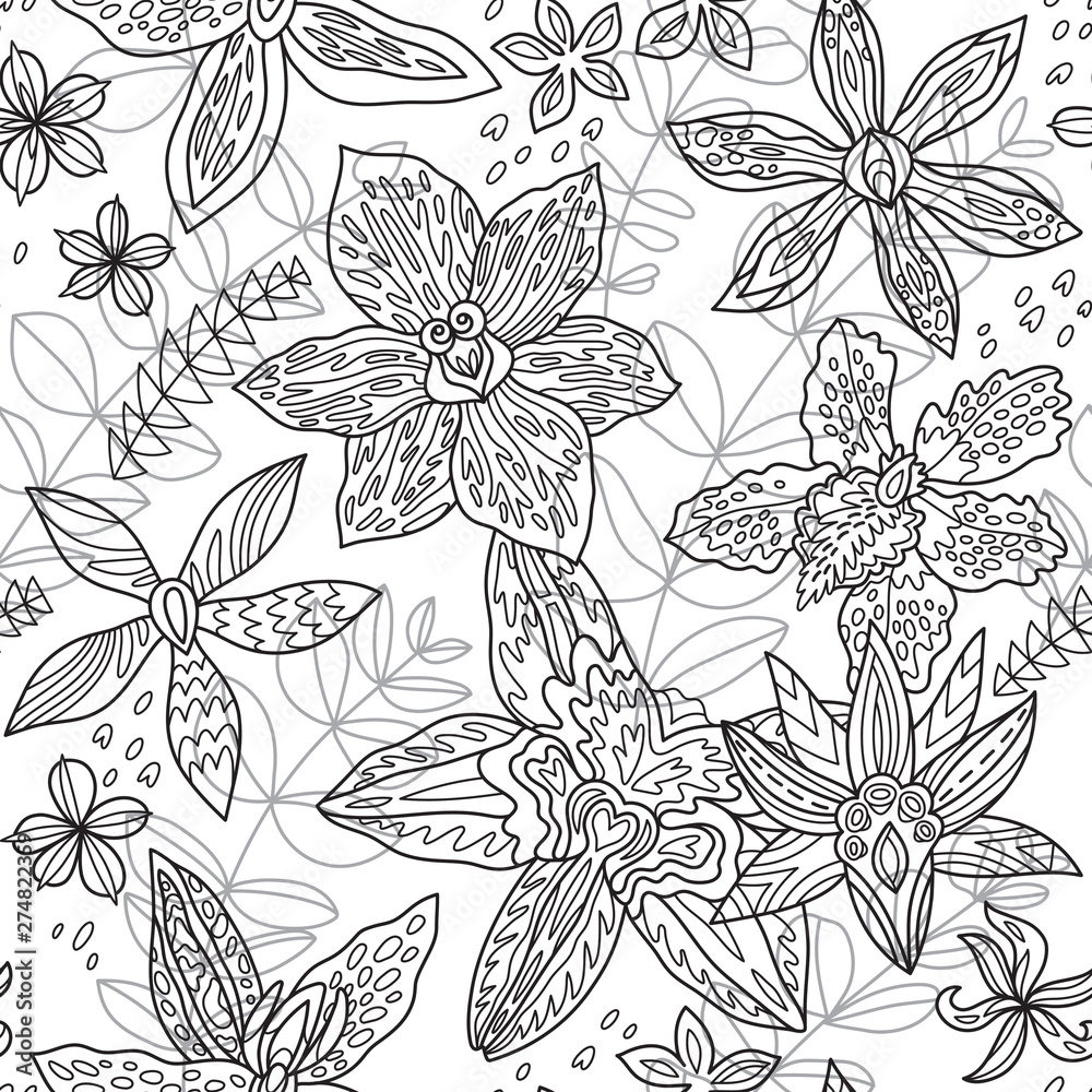 Fototapeta premium Ink Australian Native Orchids flowers. Seamless pattern in contour. Vector illustration