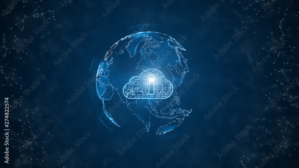 Fototapeta premium Secure Data Network Digital Cloud Computing Cyber Security Concept. Earth Element Furnished by Nasa