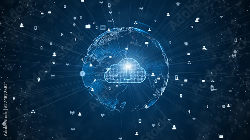 Fototapeta Naklejka Na Ścianę i Meble -  Secure Data Network Digital Cloud Computing Cyber Security Concept. Earth Element Furnished by Nasa