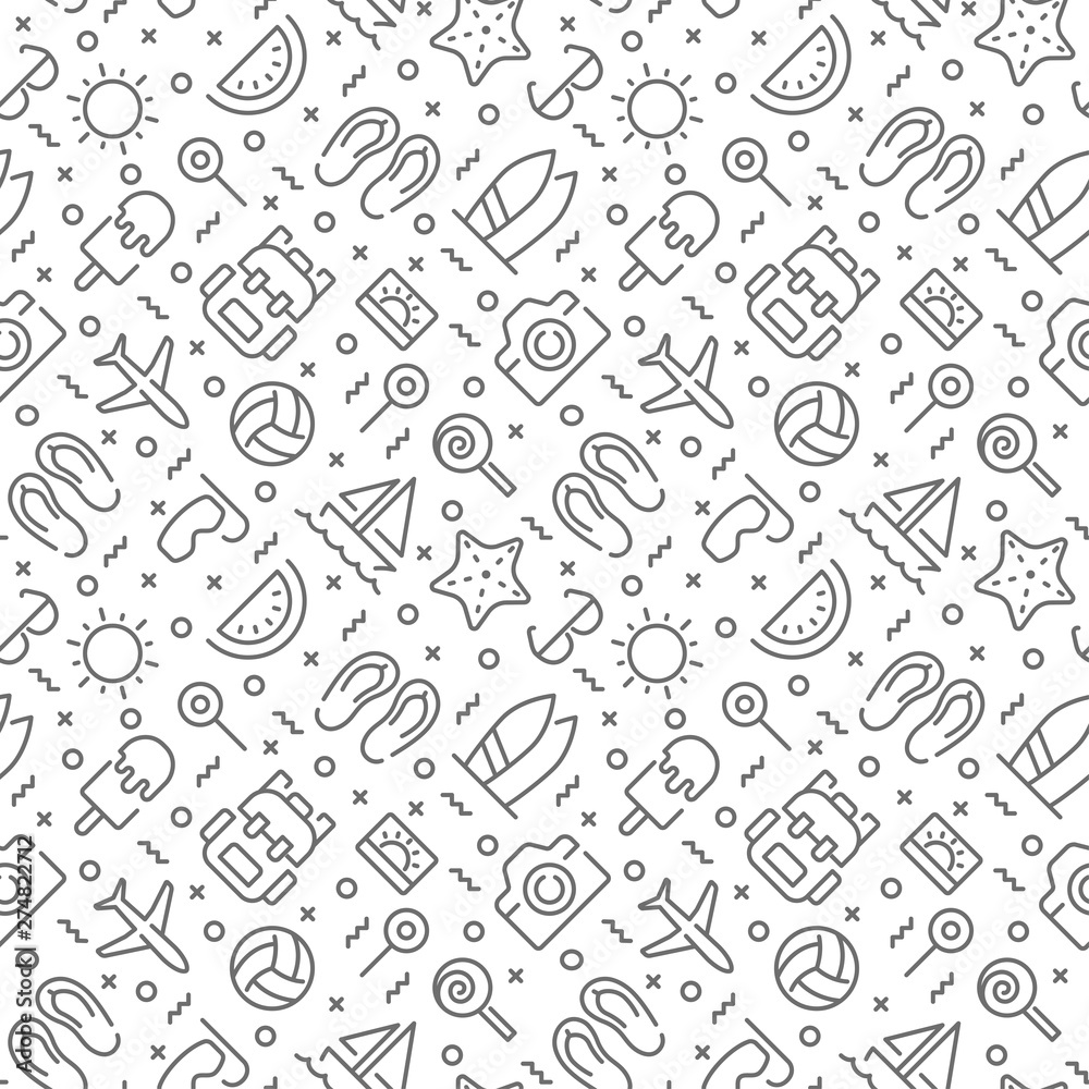 Summer seamless pattern with thin line icons