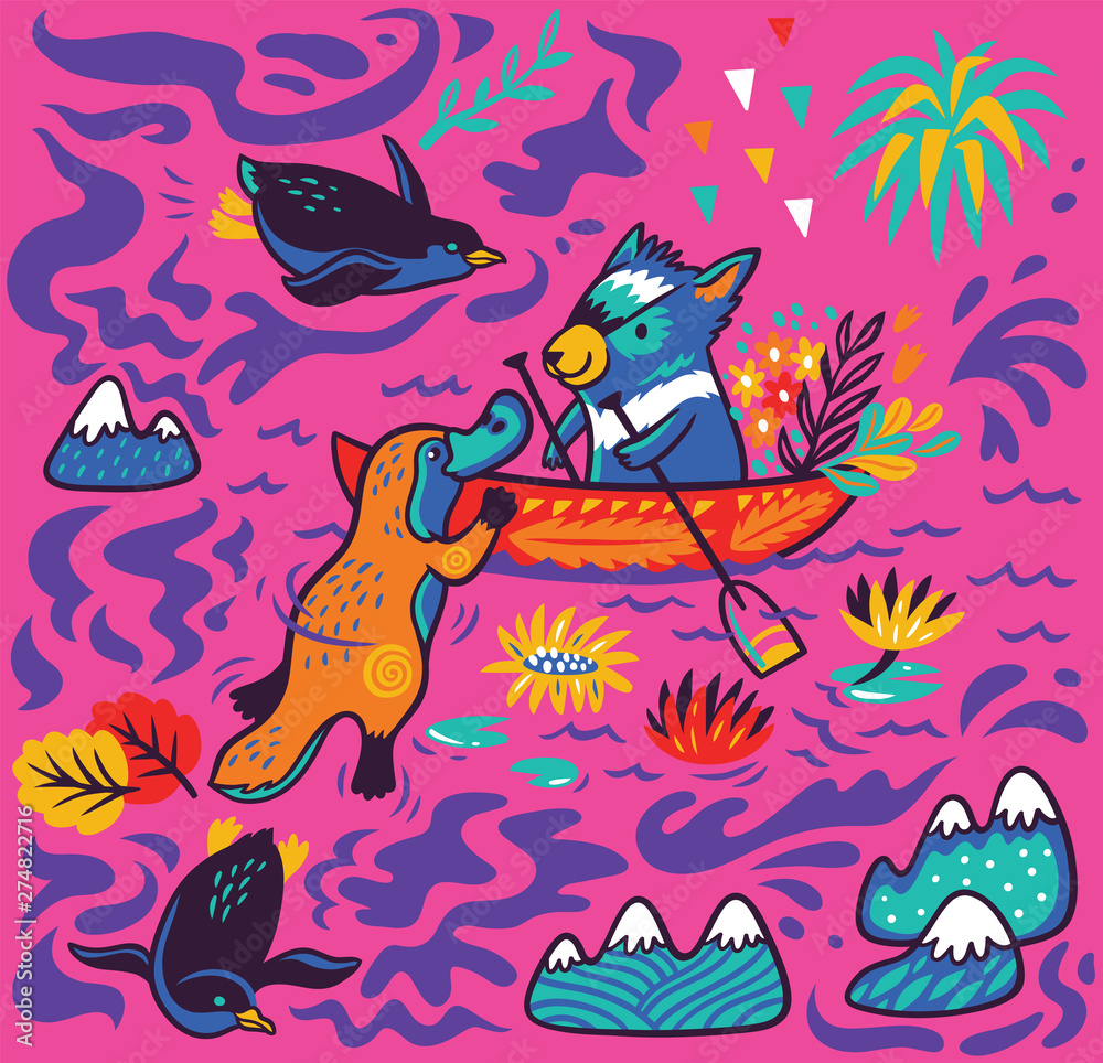 Fototapeta premium The Tasmanian devil kayaking with the platypus. Vector cartoon print
