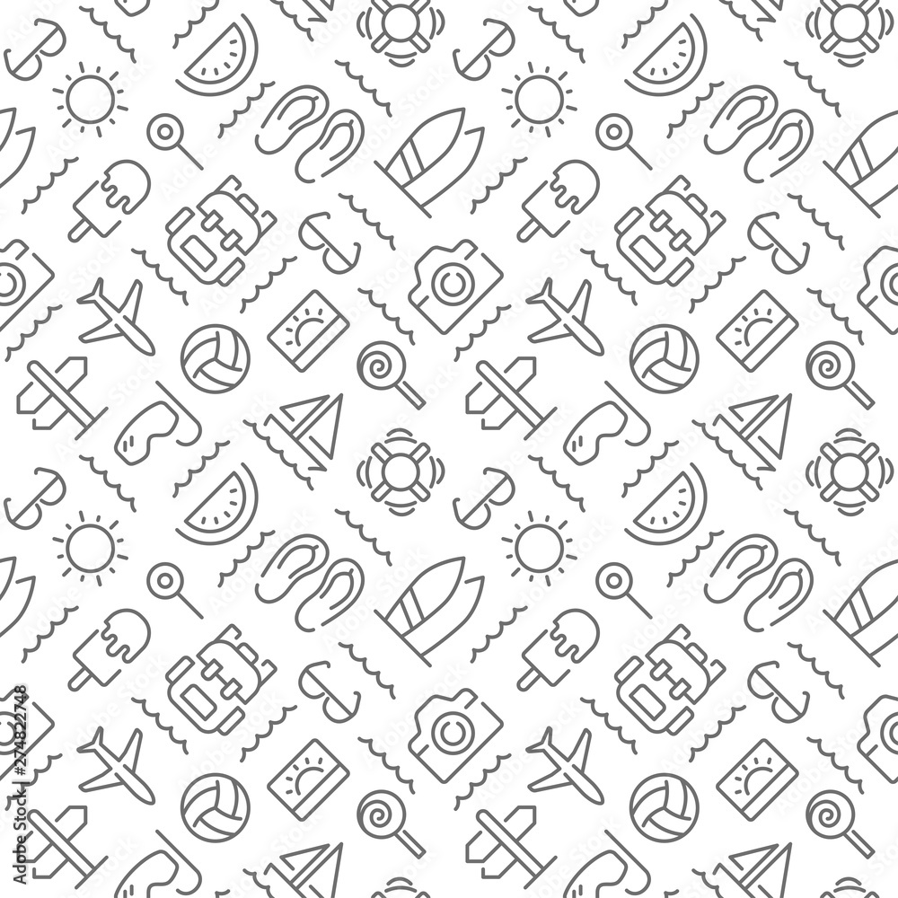 Summer seamless pattern with thin line icons