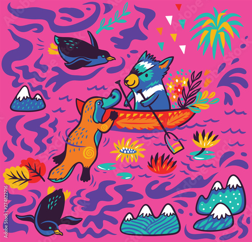 The Tasmanian devil kayaking with the platypus. Vector cartoon print
