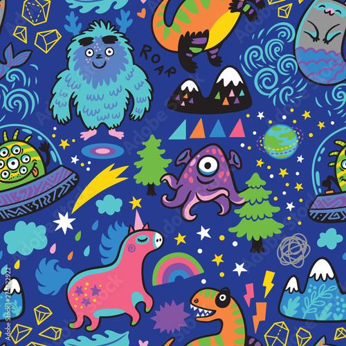 Rainbow seamless pattern with magic creatures in cartoon style.