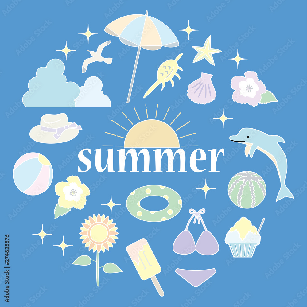 夏のアイテムのアイコンセットのイラスト パステルカラー 白の線画 バージョン Stock Vektorgrafik Adobe Stock