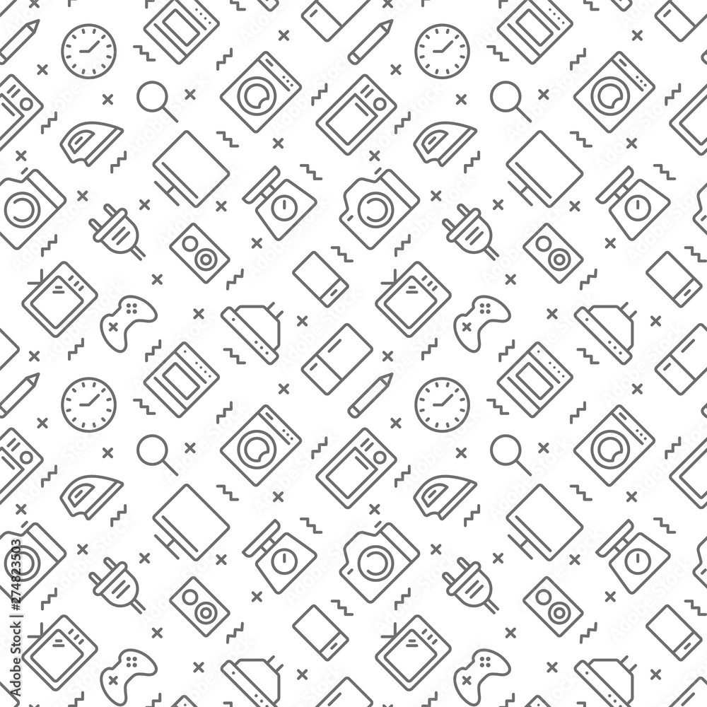 Household appliances seamless pattern with outline icons. Vector eps 10