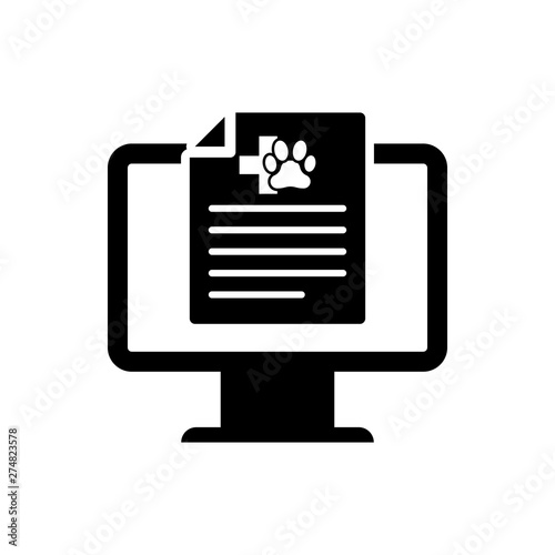 Black Medical clinical record pet on monitor icon isolated. Health insurance form. Prescription, medical check marks report. Vector Illustration