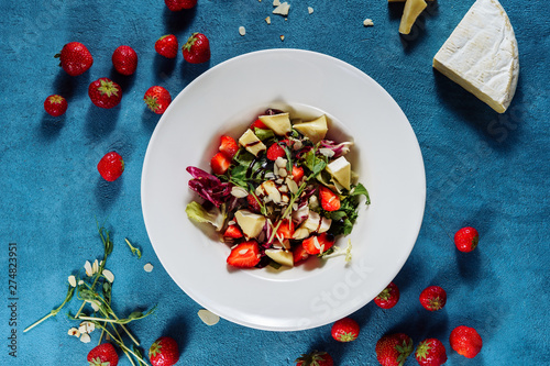 Wallpaper Mural Salad with Brie Cheese and Strawberry Top View. Healthy Delicious Meal Dairy Product Camembert, Red Ripe Berry and Lettuce Green Leaves Seasoned with Balsamic Vinegar in White Plate Torontodigital.ca