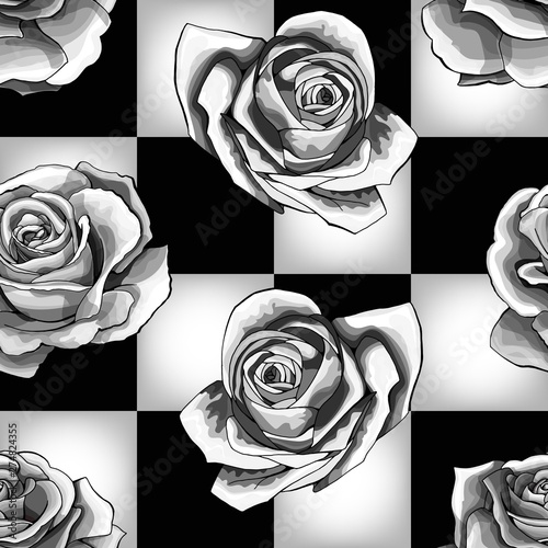 White roses on chessboard background. Vector seamless pattern design