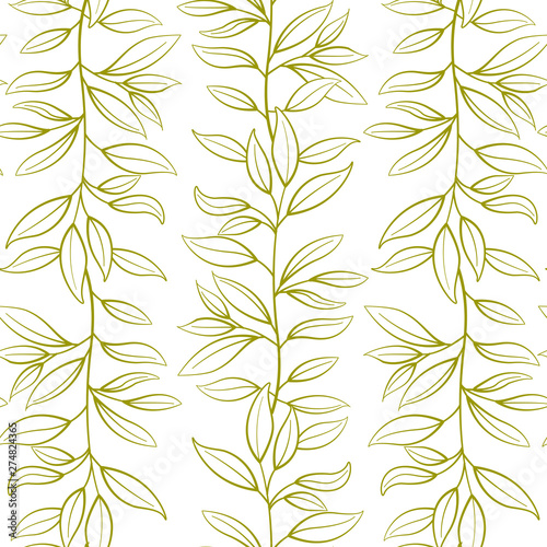Floral seamless pattern. Vector vertical golden branches with leaves. Design for fabrics, wallpapers, textiles, web design. Isolated on white.