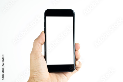 hand holding a mobile phone with a white blank screen on isolated background