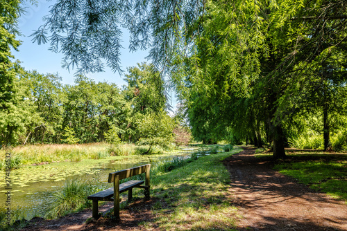 banc public sur le lac de Soustons dans les Landes