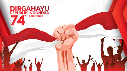 17 August. Indonesia Happy Independence Day greeting card with hands clenched, Spirit of freedom symbol. Use for banner, and background . Vector