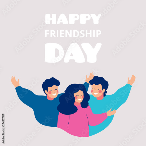 Happy friendship day greeting card with young people hugging each other. Group of friends celebrating together. Vector