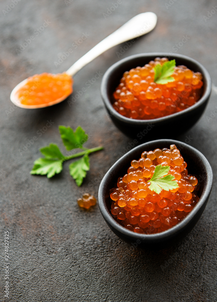Red caviar in bowls