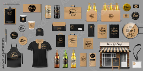 Corporate Branding identity template design for beer shop. Brewery elements for your Beer Pub or Bar. Realistic mockup for your brand. Vector illustration