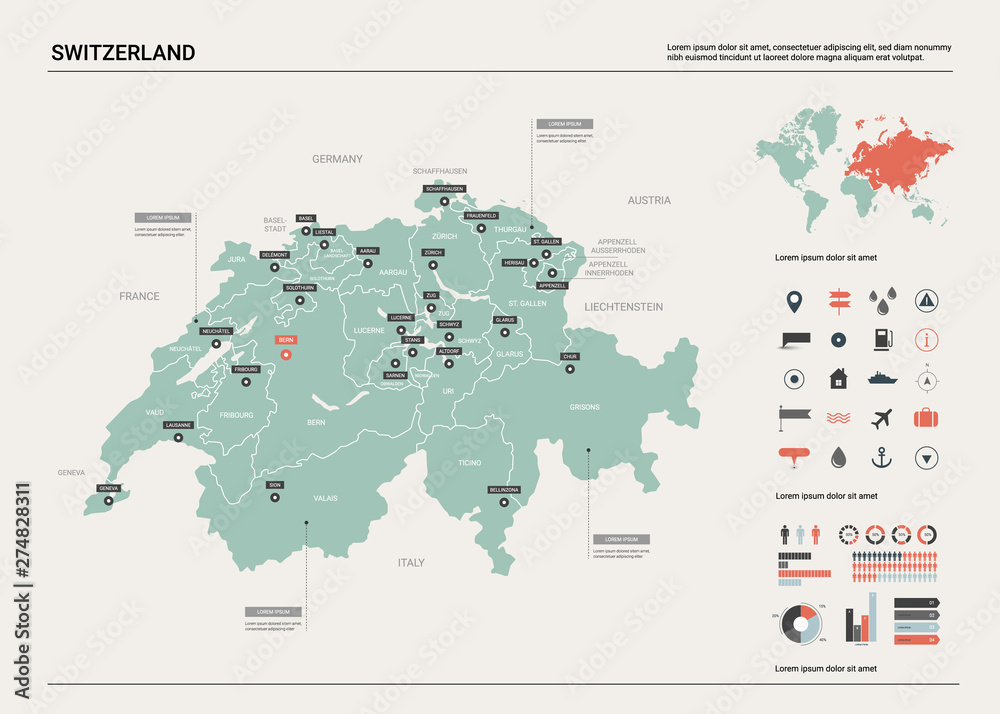 Vector map of Switzerland. Country map with division, cities and capital Bern. Political map,  world map, infographic elements.