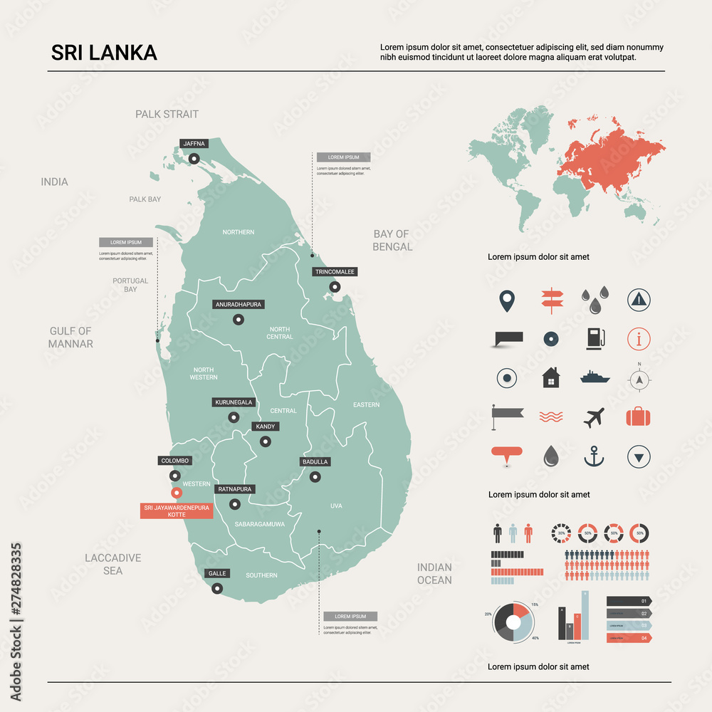 Vector map of Sri Lanka. Country map with division, cities and capital Sri Jayawardenepura Kotte. Political map,  world map, infographic elements.