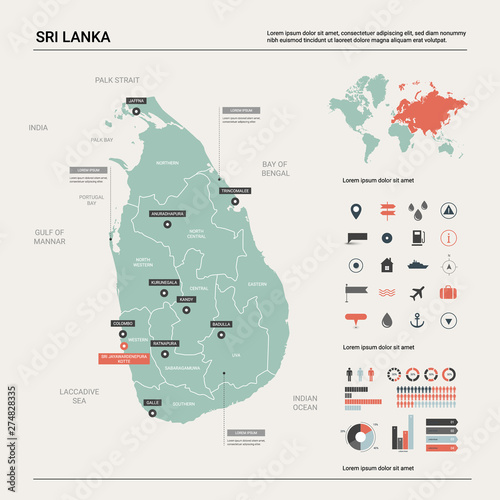 Vector map of Sri Lanka. Country map with division  cities and capital Sri Jayawardenepura Kotte. Political map   world map  infographic elements.
