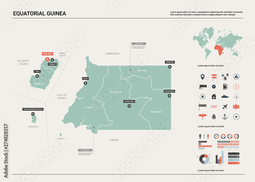 Vector map of Equatorial Guinea. Country map with division, cities and capital Malabo. Political map,  world map, infographic elements.