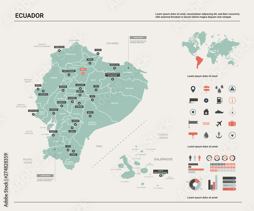 Vector map of Ecuador. Country map with division, cities and capital Quito. Political map, world map, infographic elements.