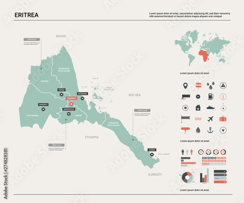 Vector map of Eritrea. Country map with division, cities and capital Asmara. Political map, world map, infographic elements.