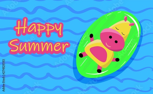 Cute hippo on an inflatable mattress in the pool. Hello Summer party poster..
