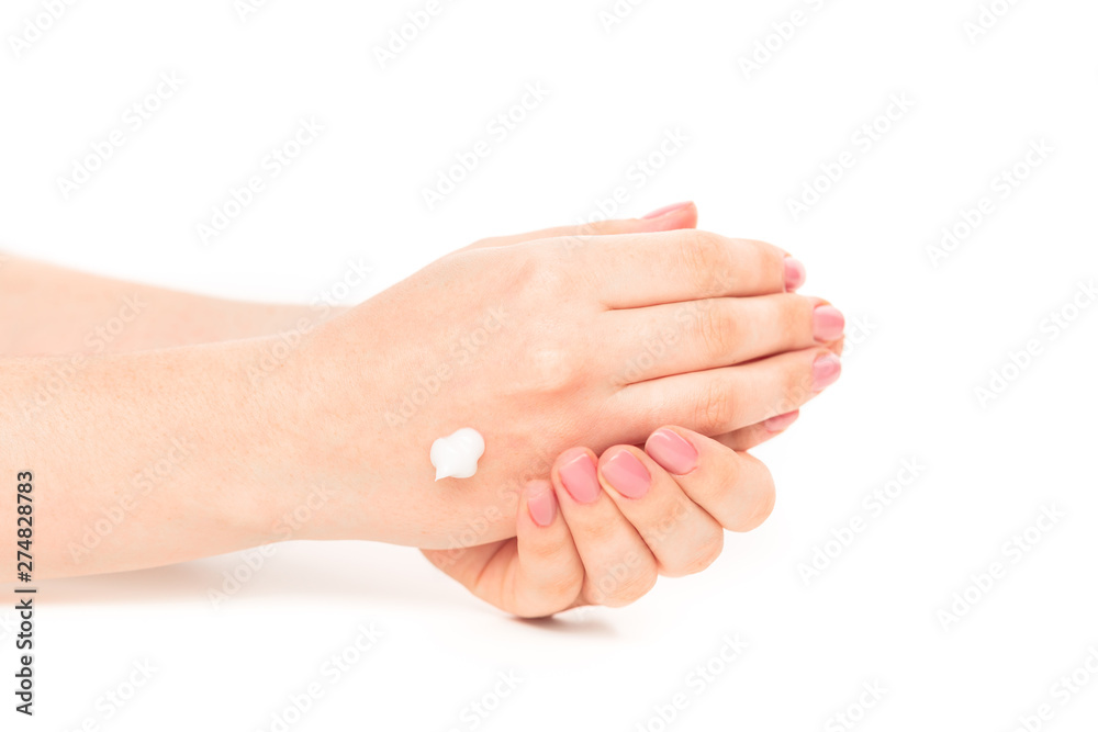 Beautiful Woman Hands. Female Hands Applying Cream, Lotion. Spa and Manicure concept