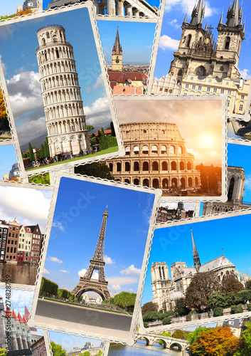 Vintage travel background with retro photos of european landmarks photo