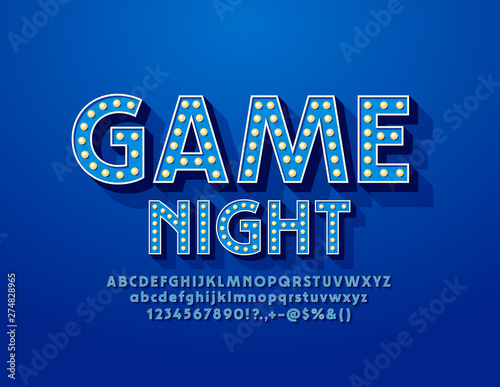 Vector retro style poster Game Night. Blue lamp Font. 3D electric light bulb Alphabet Letters, Numbers and Symbols
