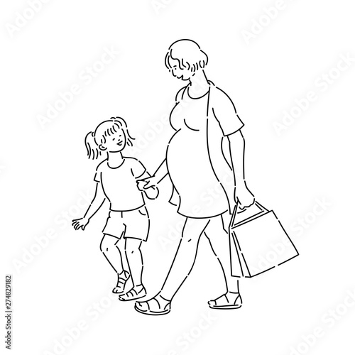 Young pregnant woman goes shopping with daughter. Walk mom child teenager in summer time vector line art black white isolated illustration.