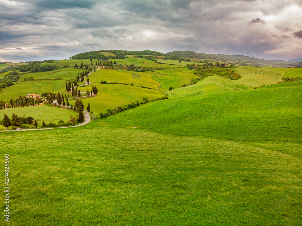 Typical landscape of the Val d'Orcia in Tuscany, Italy. Aerial v