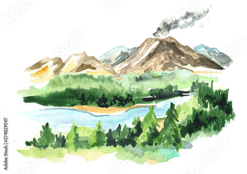 Landscape with active volcano, Watercolor hand drawn isolated illustration