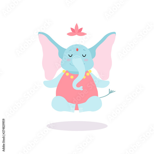 Cute Elephant Meditating in Lotus Position  Funny Animal Cartoon Character Practicing Yoga Vector Illustration