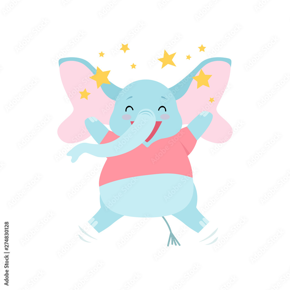 Cute Happy Elephant Surrounded By Golden Stars, Funny Animal Cartoon Character Vector Illustration