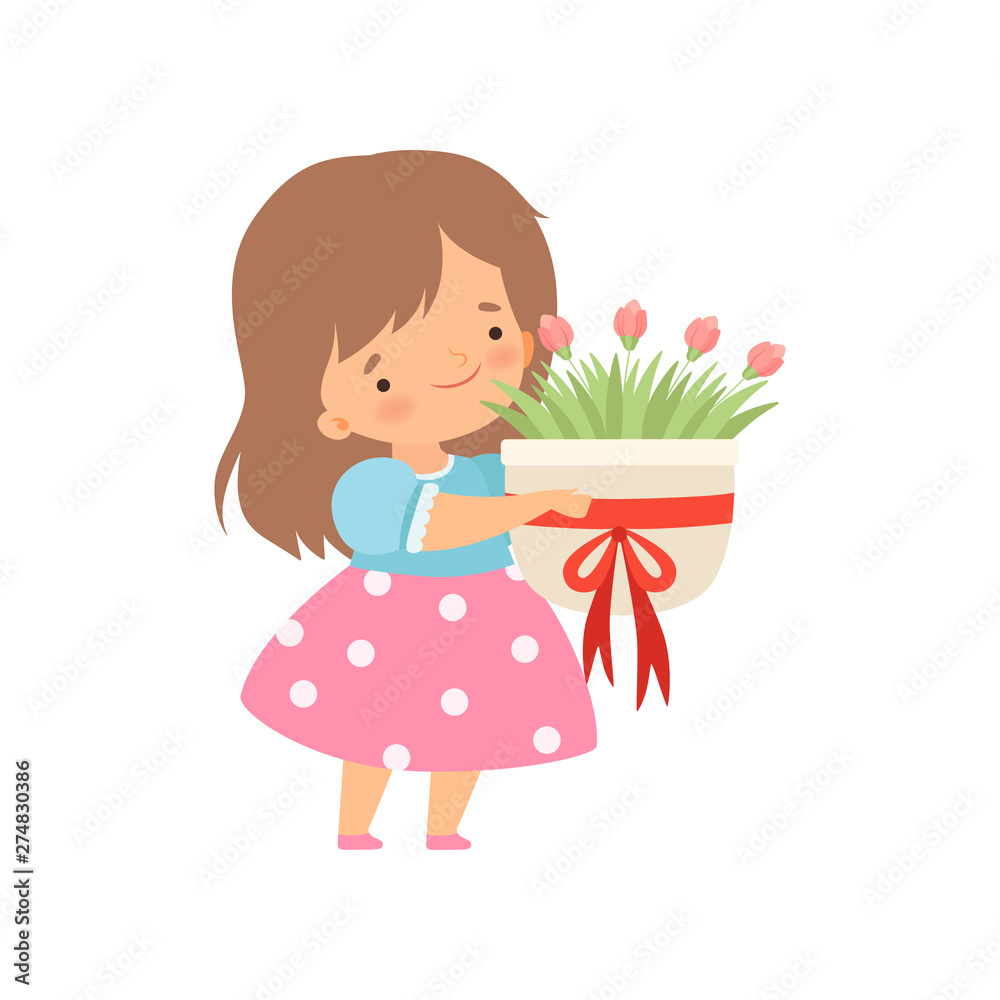 Lovely little Girl with Bouquet of Flowers Cartoon Vector Illustration Lovely little Girl with Bouquet of Flowers Cartoon Vector Illustration