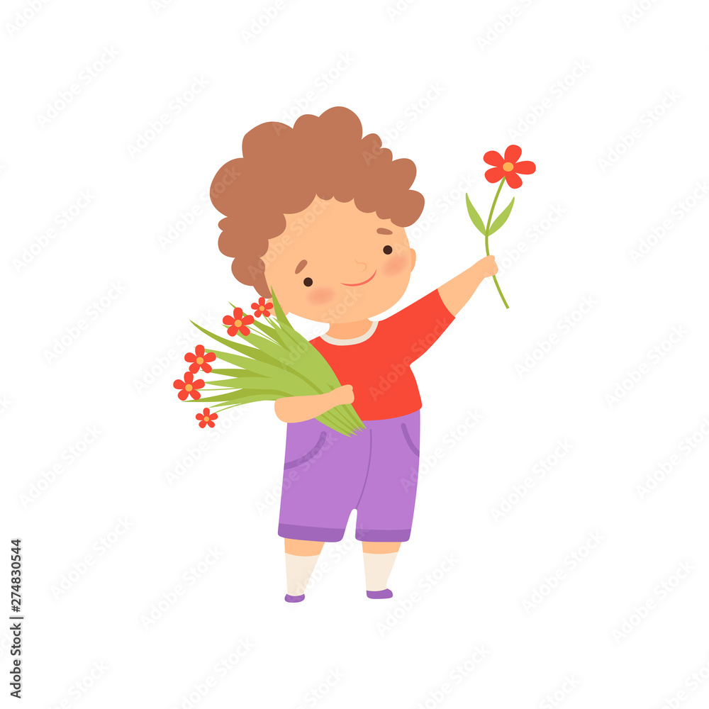 Cute Happy Little Boy with Bouquet of Flowers Cartoon Vector Illustration Cute Happy Little Boy with Bouquet of Flowers Cartoon Vector Illustration