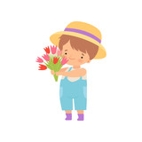 Adorable Little Boy in Hat Standing with Bouquet of Tulip Flowers Cartoon Vector Illustration