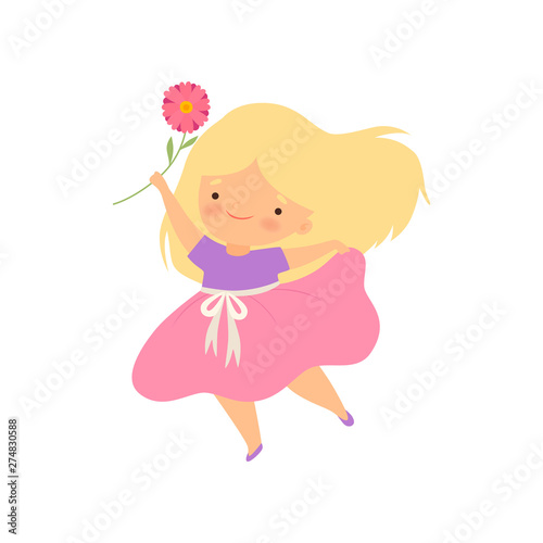 Lovely Little Blonde Girl with Pink Flower Cartoon Vector Illustration