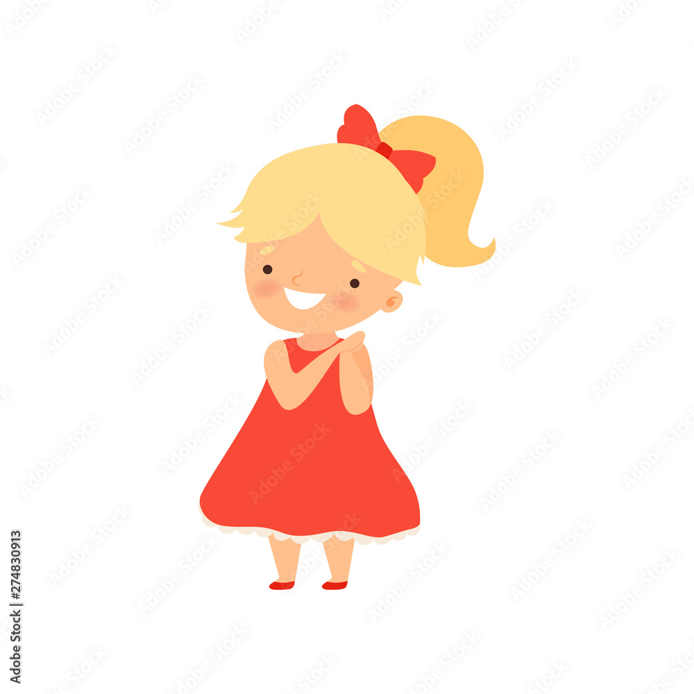 Adorable Smiling Blonde Little Girl in Red Dress Cartoon Vector Illustration Adorable Smiling Blonde Little Girl in Red Dress Cartoon Vector Illustration