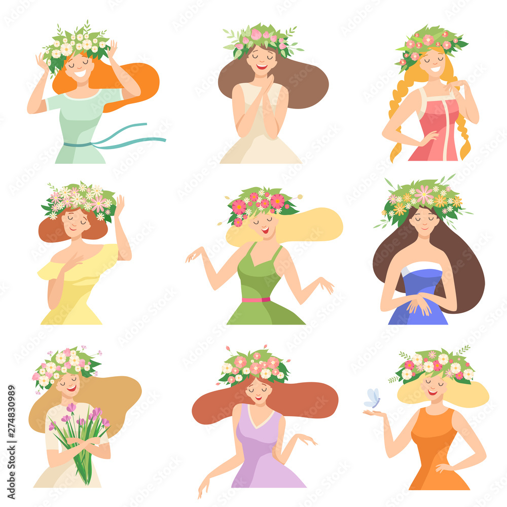 Collection of Young Women with Flower Wreaths, Portraits of Happy Elegant Beautiful Girls with Floral Wreaths Vector Illustration