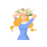Young Beautiful Woman with Flower Wreath in Her Hair, Portrait of Elegant Smiling Girl with Floral Wreath and Light Blue Dress Vector Illustration